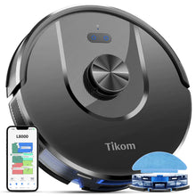 Aspirateur robot laveur Tikom L8000 Navigation laser LiDAR Aspirateur robotisé 3000 Pa Aspiration 150 min Max 45 dB 14 zones interdites 20 murs virtuels Auto-chargement Convient aux poils d'animaux Tapis Sol dur