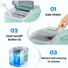Countertop Ice Maker, Self-Cleaning Portable Ice Maker Machine with Handle and Ice Scoop, Bullet Ice Cubes, 9Pcs/6Min 26.5Lbs/24H for Home/Kitchen/Bar/Party, Green