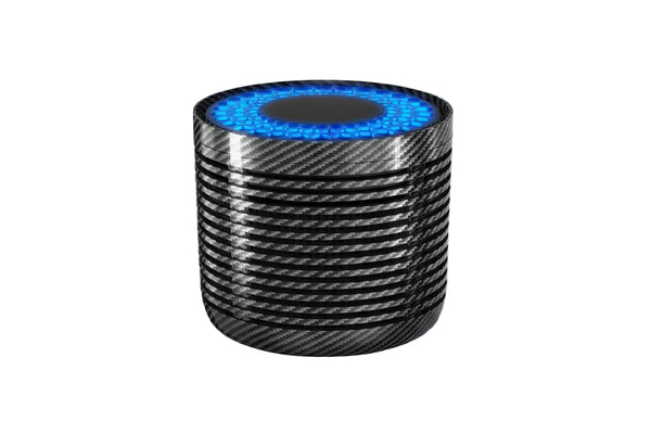 Carbon fiber-textured cylindrical device with blue LED lighting.
