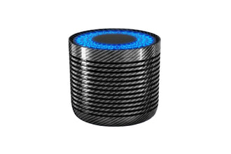 Carbon fiber-textured cylindrical device with blue LED lighting.