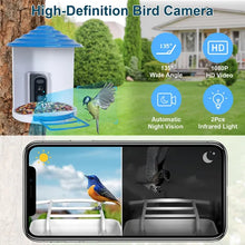 Smart Bird Feeder with Solar Powered Camera 1080P HD AI Identify PIR Motion Auto Capture Video Cloud Card Storage WiFi Connection App Control IP65 Waterproof